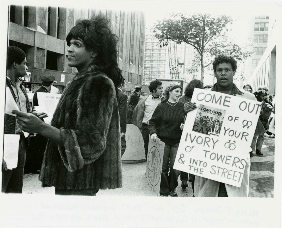 A 1970 photo of Marsha P. Johnson handing out flyers in support of Gay Students at NYU is seen here courtesy of the New York Public Library's "1969: The Year of Gay Liberation" exhibit. Diana Davies/NYPL/Handout via Reuters, FILE