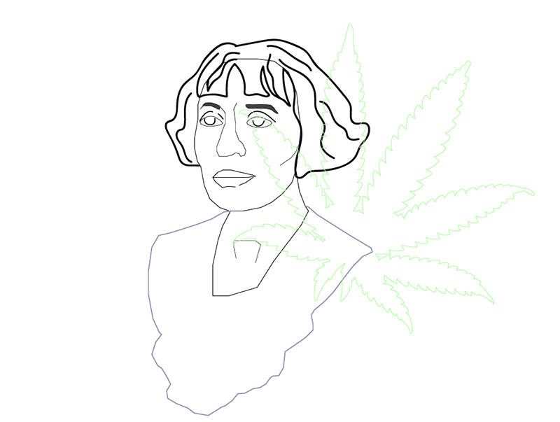 Alice B. Toklas Illustration by @dmblunted featuring Alice Toklas outlined with cannabis leaf behind her.